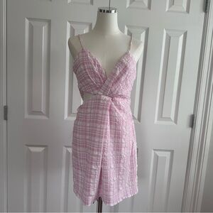 NWT Zara Pink Gingham Texture Soft  Spaghetti Strap Cutout Mini Dress